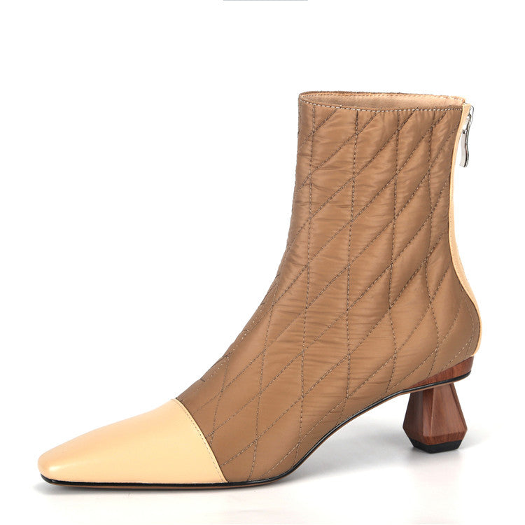 Shaped thick heel color matching short boots