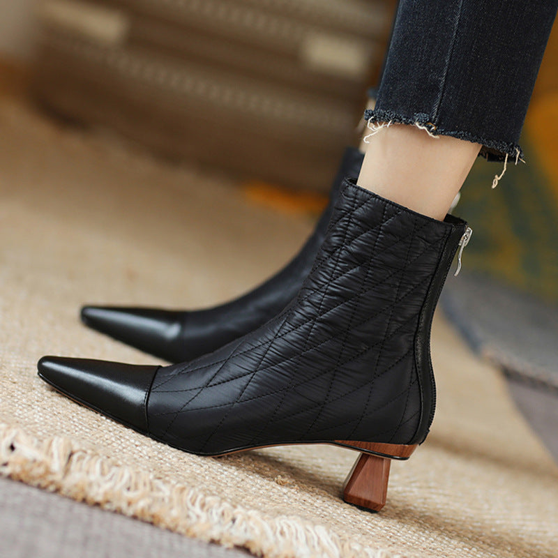 Shaped thick heel color matching short boots