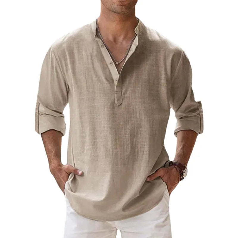 Excelente camisas de linho de algodão estilo casual, leve com manga longa