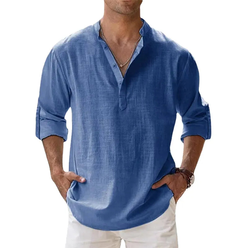 Excelente camisas de linho de algodão estilo casual, leve com manga longa